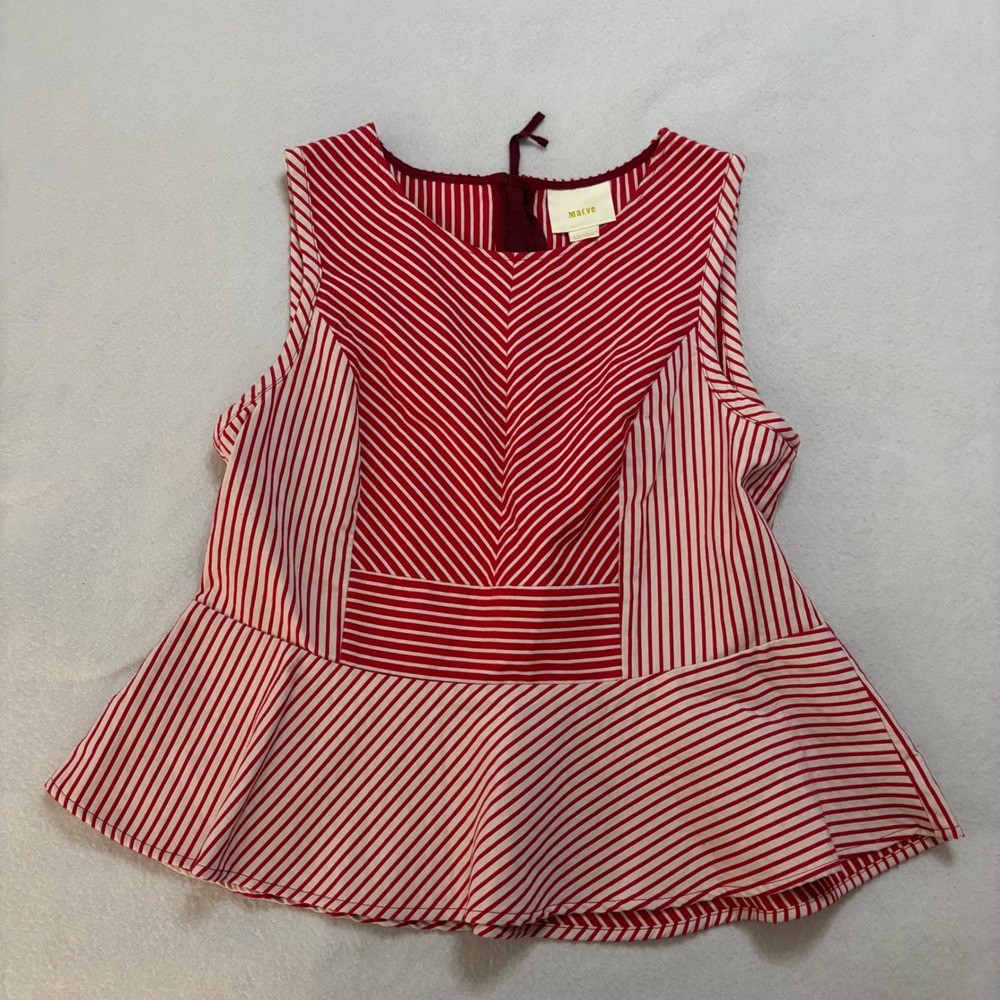 Maeve Anthropologie Top Blouse 12 Red White Striped Peplum Sleeveless Zip Back